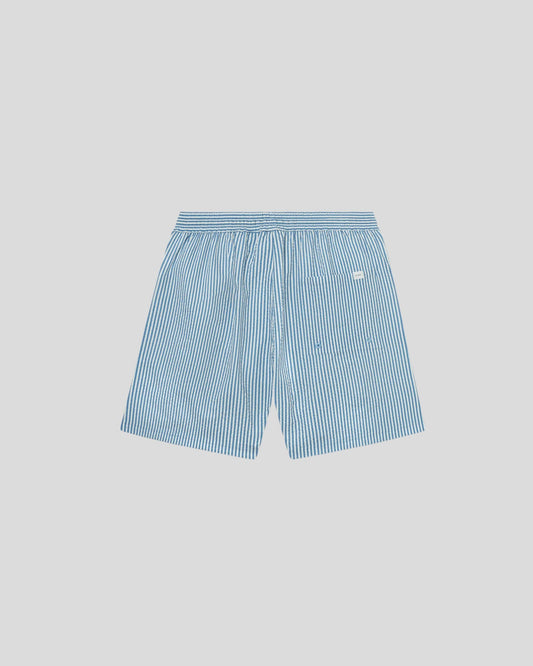 Les Deux || Stan Stripe Seersucker Swim Shorts - Washed Denim Blue/ Light Ivory