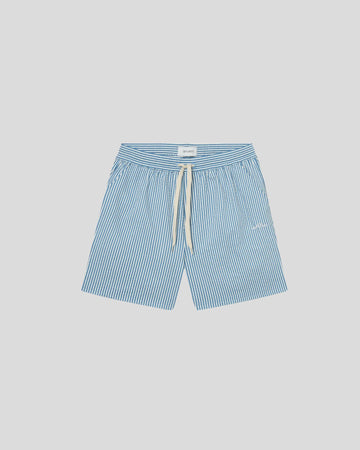 Les Deux || Stan Stripe Seersucker Swim Shorts - Washed Denim Blue/ Light Ivory