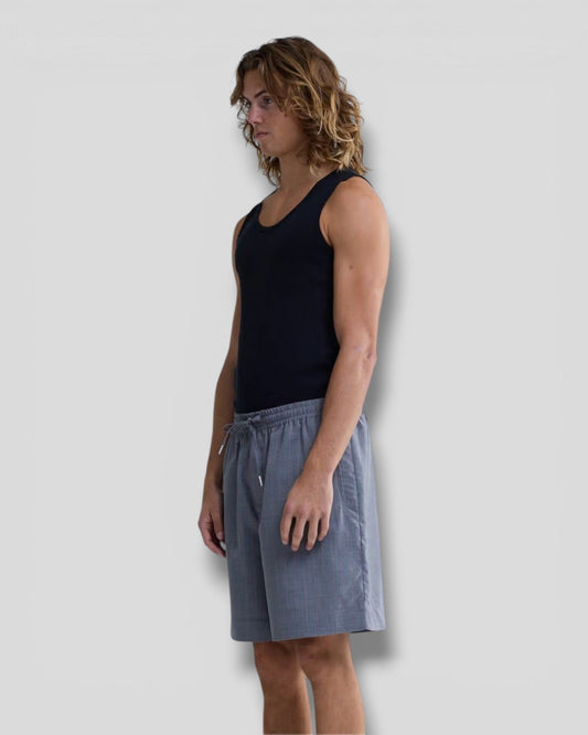 New Amsterdam || Wool Work Shorts - Grey/Pink Pinstripes - M’ New Amsterdam Surf Association