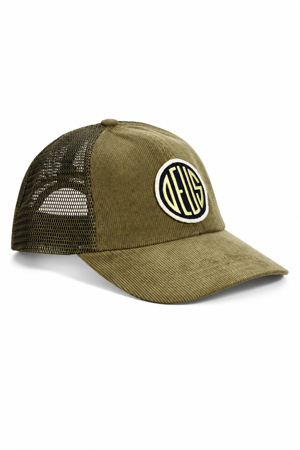 Casquette Deus Pill Cord Trucker Olive Green en velours côtelé et mesh sur fond blanc