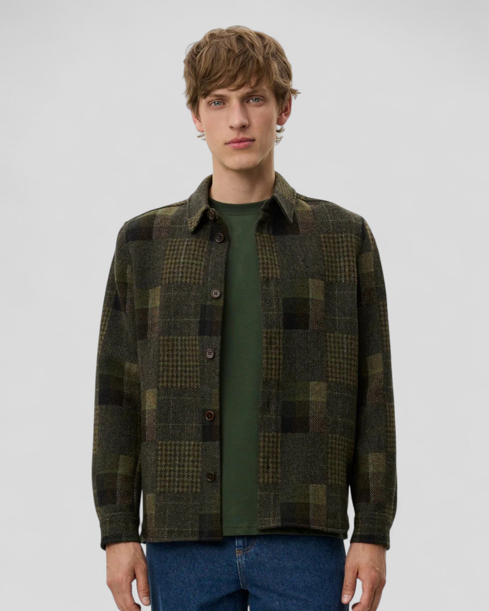 Les Deux || Kody Patchwork Wool Overshirt - Duffel Bag Green Les Deux