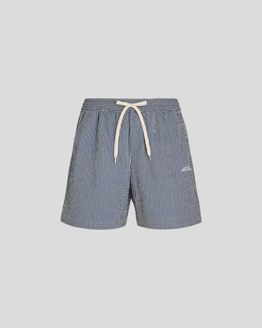 Les Deux || Stan Stripe Seersucker Swim Shorts - Light Sand/ Blueprint Les Deux