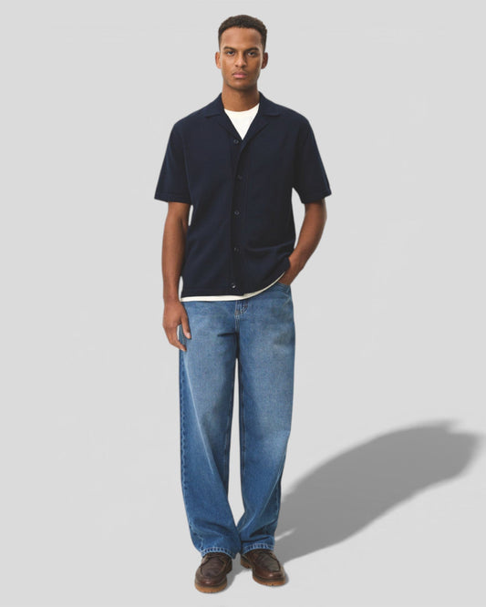 Les Deux || Emmett Arabesque Knitted SS Shirt - Dark navy Les Deux