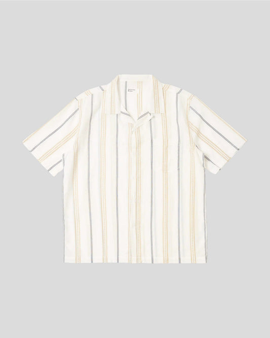 Universal Works || Road Shirt Hendrix  Stripe - Ecru/ Navy/ Sand Universal Works