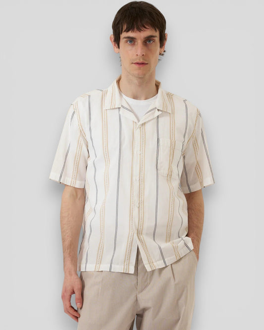 Universal Works || Road Shirt Hendrix  Stripe - Ecru/ Navy/ Sand Universal Works