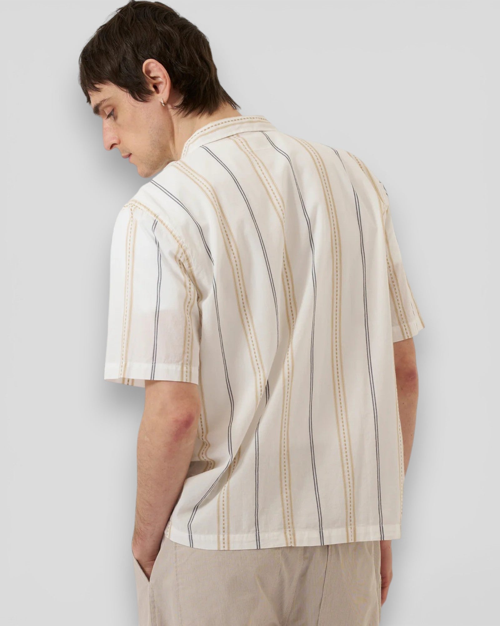 Universal Works || Road Shirt Hendrix  Stripe - Ecru/ Navy/ Sand Universal Works